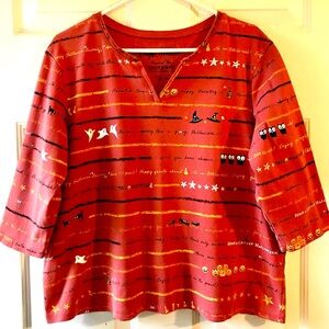 Onque Woman Halloween Orange Black Yellow Pumpkin Ghost Mixed Motif Knit Top 1X